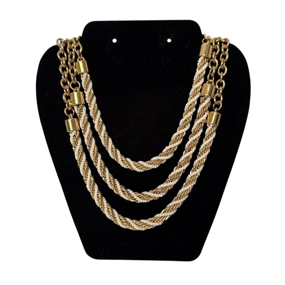 BCBG Max Azria Gold White 3 Strand Rope Chain Necklace Heavy Vintage-Inspired - Picture 1 of 13